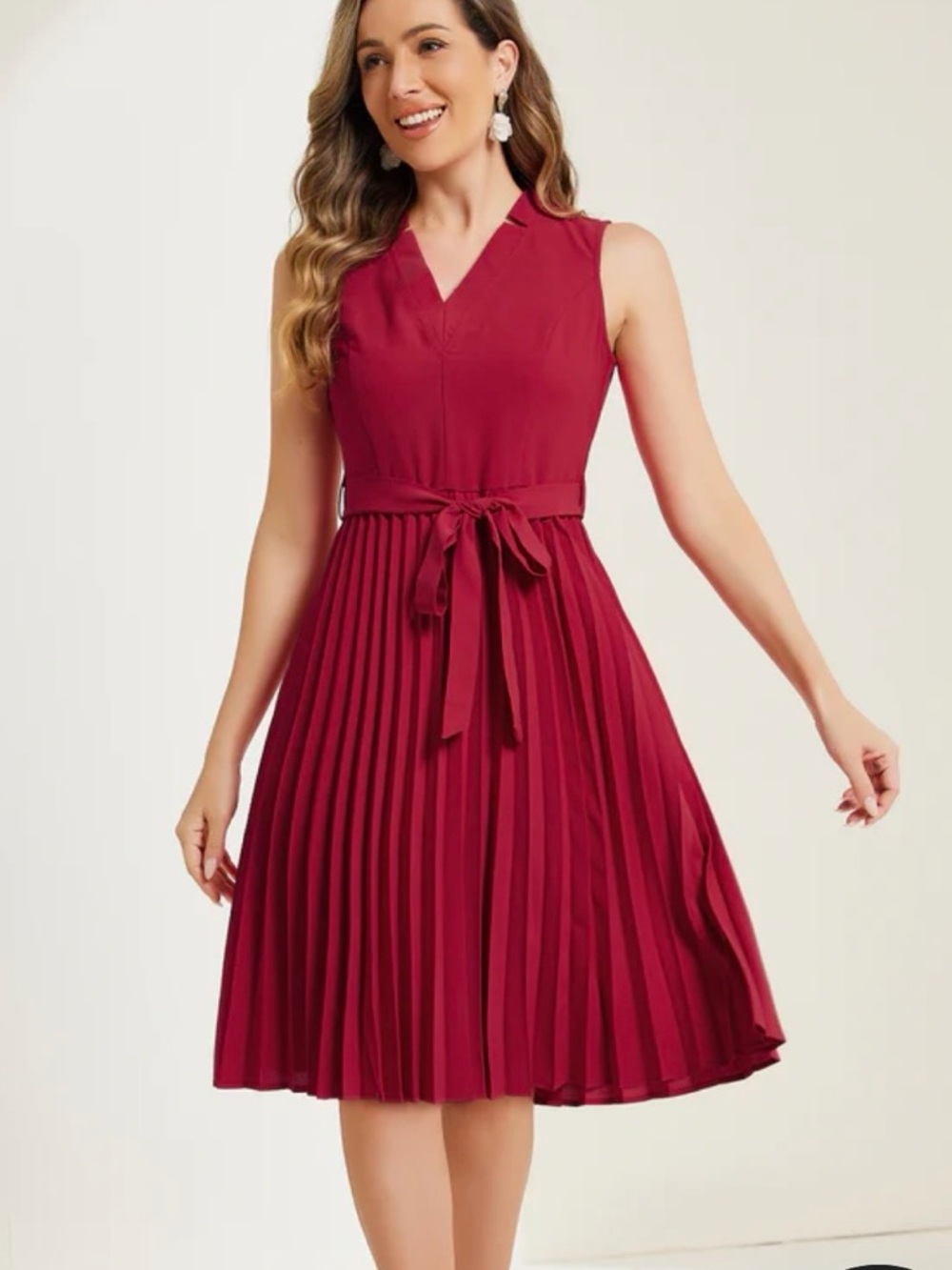 Allegra K Sleeveless V-Neck Pleated Midi Dress - Wine
